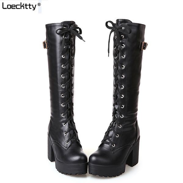 

2020 spring autumn lacing knee high boots women fashion white square heel woman leather shoes winter large size 34-43, Black