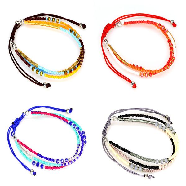 

hand-made bohemian colorful rice beaded crystal bracelet women bangles adjustable rope multi-layer wrist charm jewelry, Golden;silver