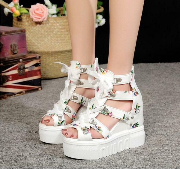 

women's high wedge heels platform strappy roma gladiator sandals girls lace up shoes, Black