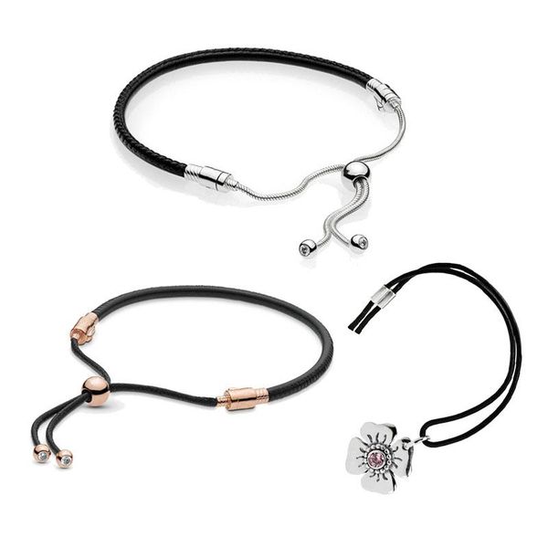 

925 sterling silver rope bangle original black genuine leather pans bracelet for women diy charm bead jewellery birthday gift, Golden;silver
