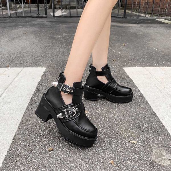 

dress shoes womens pump gothic ankle strap high chunky heels platform punk creepers female fashion buckle comfortable, Black