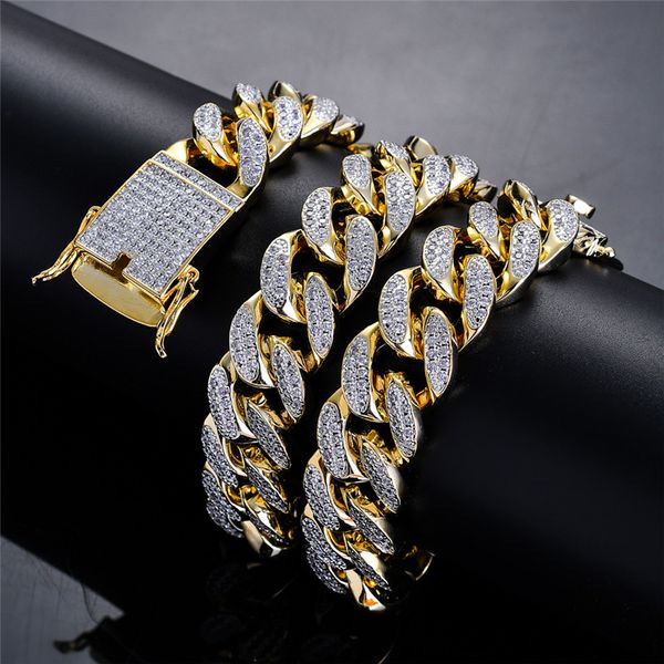 

18mm 18inch 22inch gold plated prong setting cz stone miami cuban chain necklace rapper street jewelry for men sale, Silver