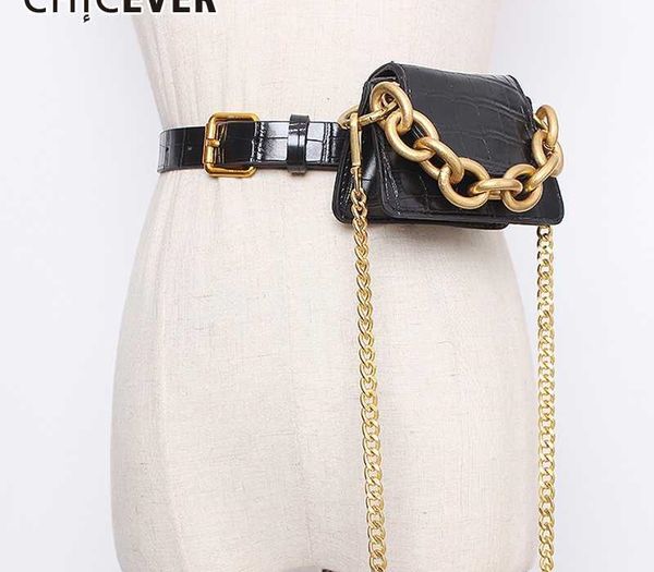 

chicever vintage patchwork metal chain hit color women's belt with bag adjustable accessories pu leather belts female new 2020, Black;brown