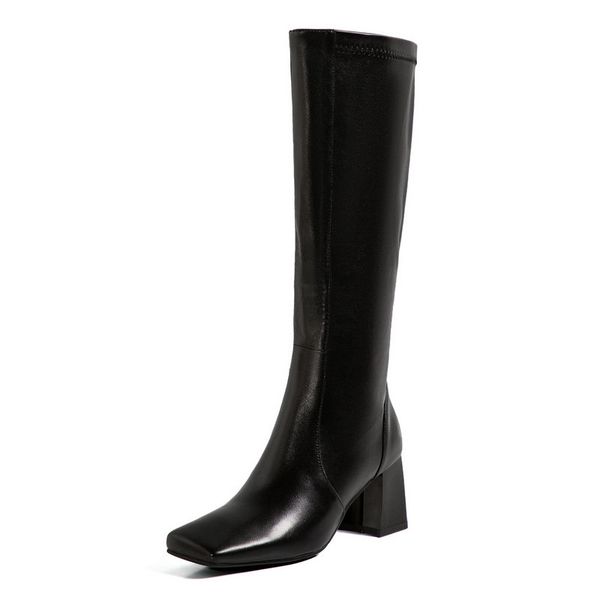 

elegant thick high heels boots for women genuine leather square toe high heels shoes woman party wedding knee boots women, Black