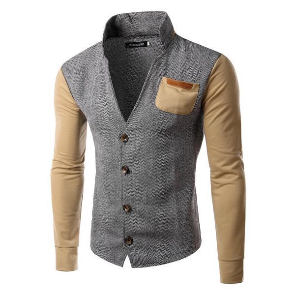 

2020 european code spring and autumn new simple men's stitching cardigan fashion stand collar sweater men's jacket, Black;brown
