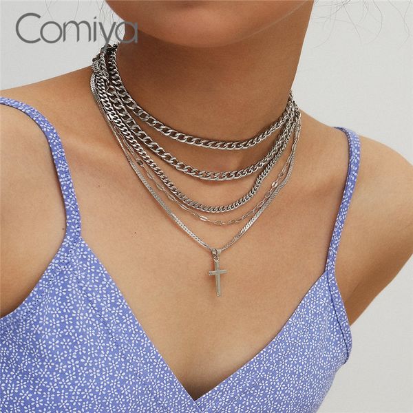 

comiya fashion sliver color multilayers cross choker vintage collar pendant necklaces for women jewelry bijoux beads 2020, Silver