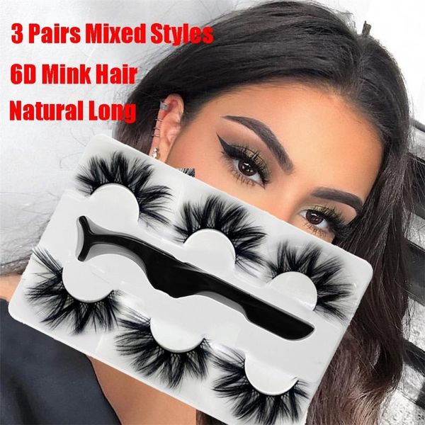 

.3 pairs 6d faux mink hair false eyelashes natural long wispies lashes handmade cruelty-eyelashes with tweezer makeup tools