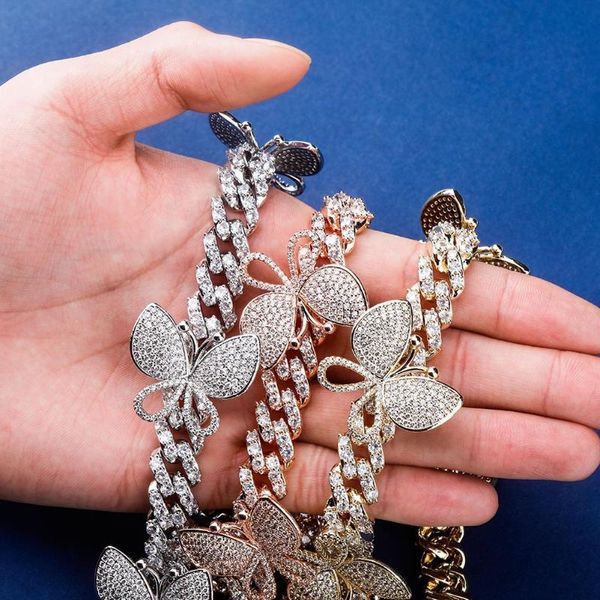 

statement hiphop choker jewelry rhinestone custom pink butterfly pendant cuban link butterfly necklace, Silver