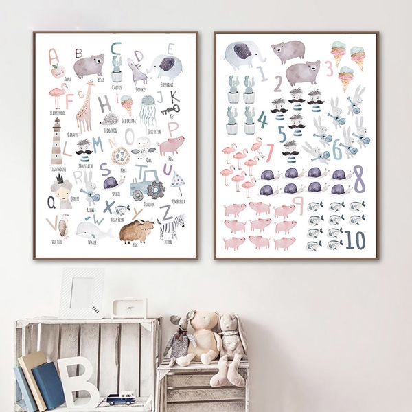 

алфавит плакат номер обучающие холст живопись детские wall art prints животные иллюстрация изучаемый изображение детская комната декор