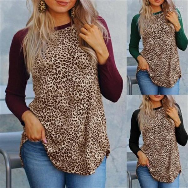 

crew neck slim casual fashion office lady streetwear tees women autumn patchwork leopard tshirt designer, White