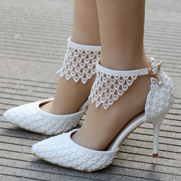 

fashion elegant fringe wedding cutout lace bridal shoes cross-strap buckle strap solid cover heel thin heels 9.5cm high heels, Black