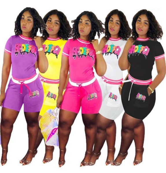 

womens apparel womens tracksuits letters sequins printed womens 2pcs set fashion short sleeve panelled, Gray