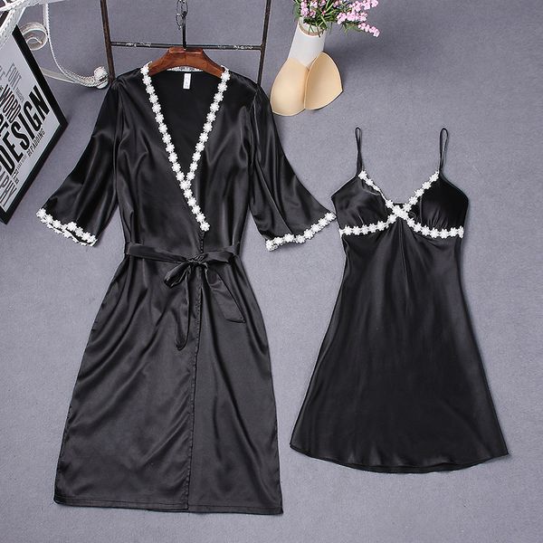

black robe women 2pc strap pajamas sets kimono sleepwear summer home wear nightgown suit bath gown sleepshirts -xl, Black;red