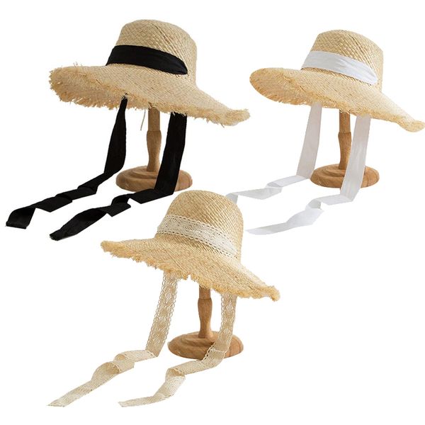 

hand-woven straw straw hat female wide-brimmed sun hat ladies beach fashion lace streamer sunsn, Blue;gray