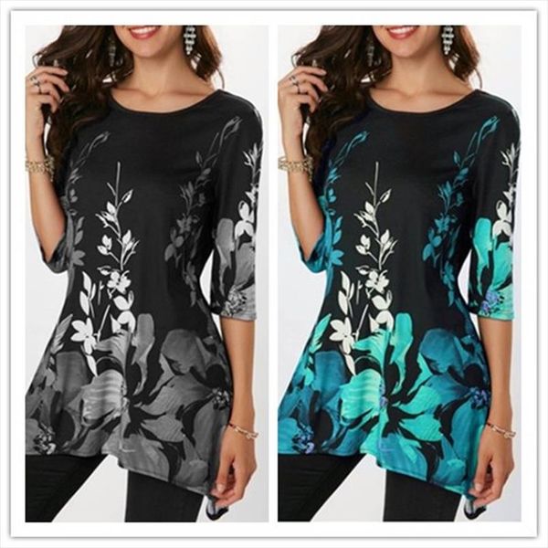 

plus size women female floral print t shirt spring summer casual half sleeve o neck irregular t shirt large size 5xl, White