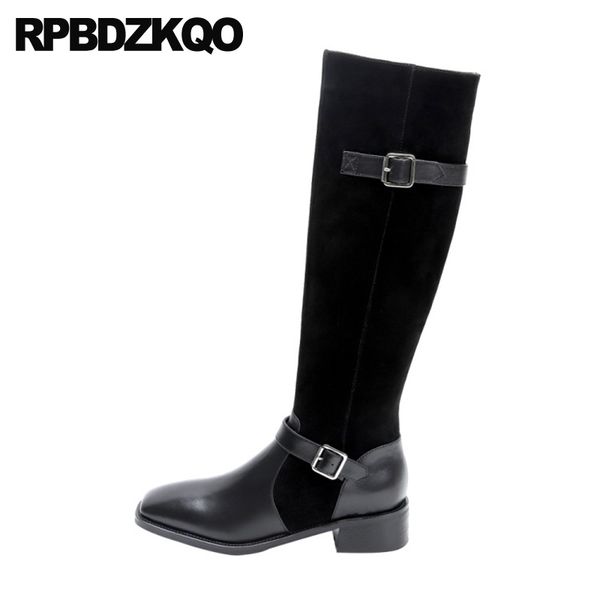 

high heel fashion knee 2020 black shoes chunky square toe 10 big size metal brand women winter boots genuine leather long suede