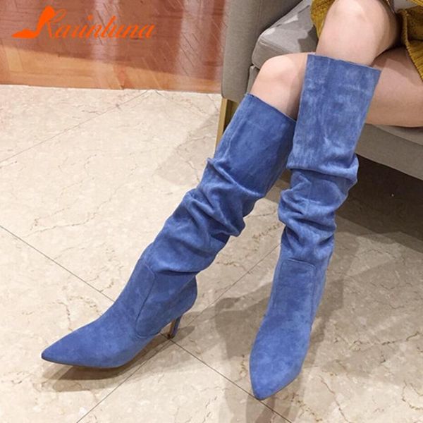 

karin brand new female slip on boots pointed toe thin high heels pleated flock women boots knee high women shoes, Black