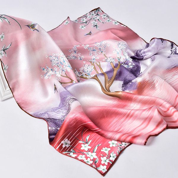 

100% silk square neckerchief for women flower print ladies small chinese pure natural silk headscarf handkerchief scarf 65x65cm, Blue;gray