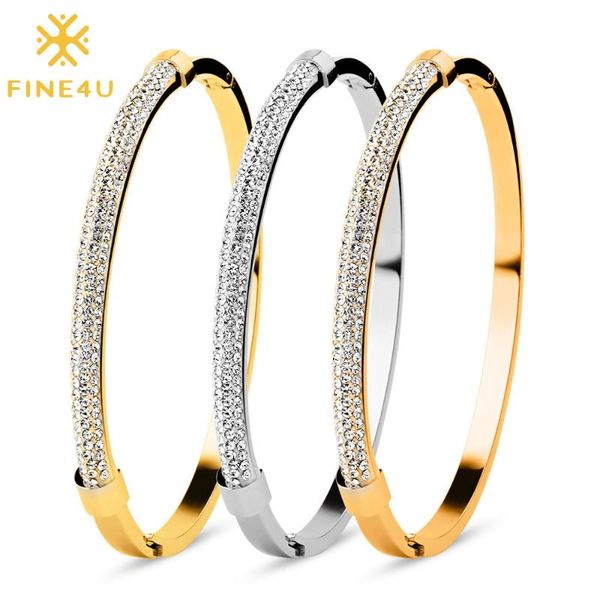 

fine4u b152 women open cuff bracelets & bangles stainless steel luxury crystal wristband wedding party jewelry, Black