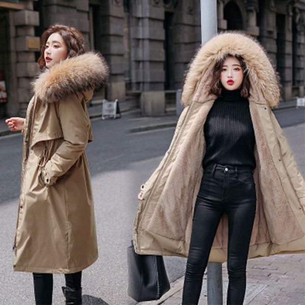 

plush inner liner loose parka women down cotton jacket 2020 new thick winter mid-length coat warm outerwear plus size m-3xl dh46, Black