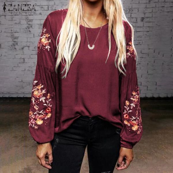 

stylish floral women's embroidery blouse zanzea 2020 casual lantern sleeve shirt female o neck work blusa plus size tunic 7, White