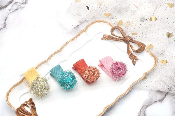 

20pcs ins fashion glitter pom pom hairpins solid cartoon color ball hair clips princess headwear boutique hair accessories, Slivery;white