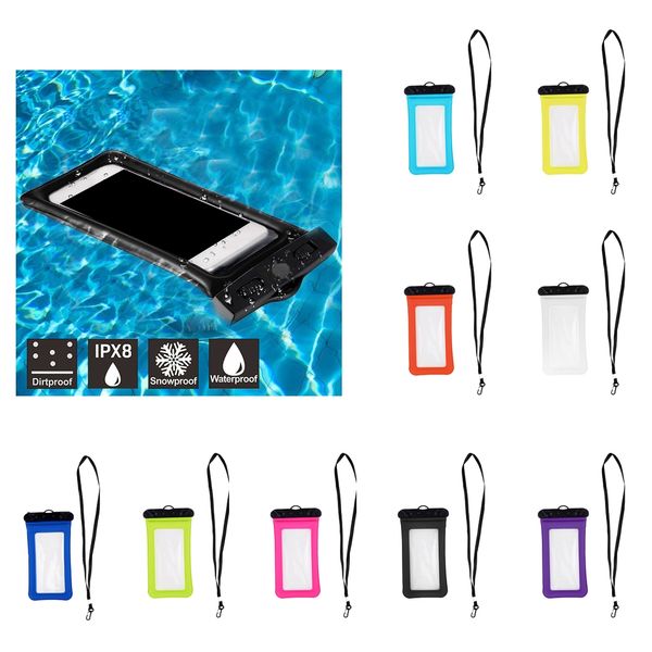 9 Farben wasserdichte schwimmende Airbag-Hülle für Mobiltelefone, Schwimmbad-Umhängeband, universelle Unterwasser-Trockentasche
