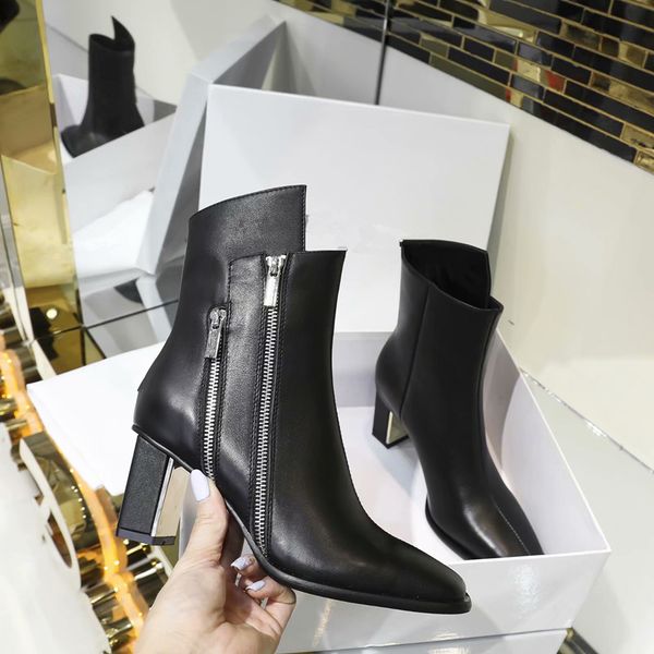 

genuien leather women ankle boots rivets mentalhigh heels for women fashion shoes 2020 spring autumn ankle boots booties female, Black