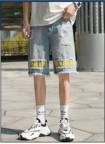 

мужская одежда летняя сыпучие колена шорты hole письмо печати мужские шорты светло-голубой молодежи casual, White;black