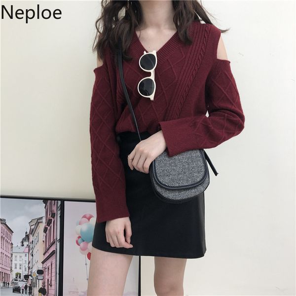 

neploe fall 2020 women clothes knitted pullovers chic hollow out off shoulder weater sueter v--neck long sleeve pull femme, White;black