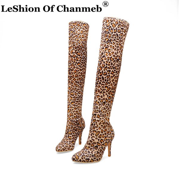 

women's thin high heels leopard boots ladies size 33-48 over the knee boots fall winter warm shoes female 2020 botas mujer, Black