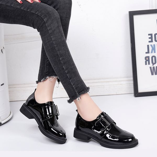 

new beautyfeet solid patent leather women shoes woman oxford leisure shoes female square low heels hoop&loop casual, Black