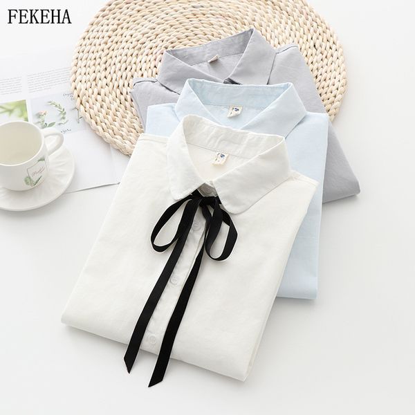 

women's blouses & shirts womens and bow lacing 100% cotton casual spring girls college style long sleeve white blue student blouse