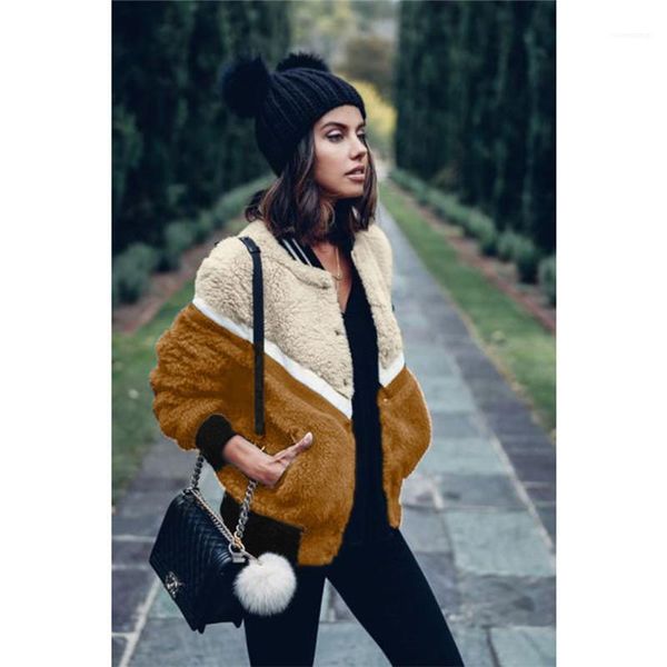 

long sleeve warm coats fashion contrast color ladies jacket womens fuzzy designer jacket winter fleece single breasted, Black;brown