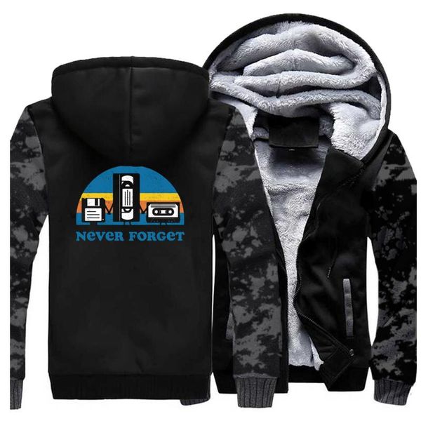 

never forget funny print thick fleece hoodie sweatshirt winter new hoodies warm coat men fashion streetwear hip hop zip jacket, Black