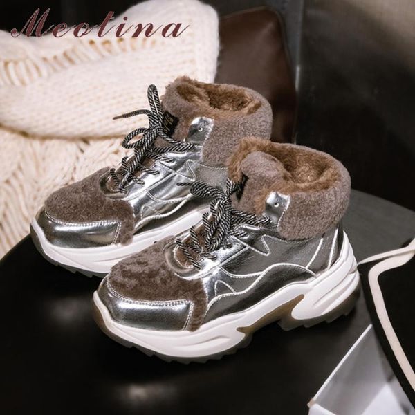 

meotina winter snow boots women natural genuine leather flat platform ankle boots warm wool round toe shoes lady new size 35-40, Black
