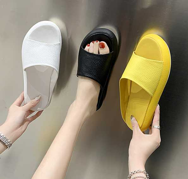 

casual temperament thick bottom soft leather cross open toe flat slippers wear vacation beach sandals slippers ladies shoes, Black