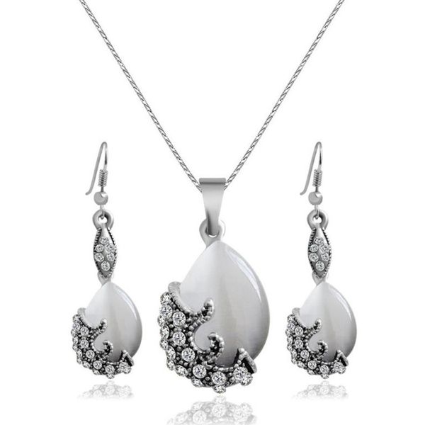 

оптовая 10 шт посеребренная капли воды cat eye камень ожерелье серьги мода ювелирные наборы, Silver