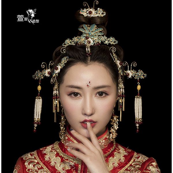 

high-end traditional chinese style green bridal head wear retro suit dragon and phoenix crown princess wedding tiara y200807, White;golden