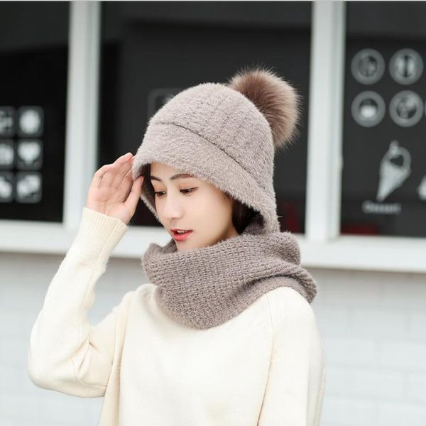 

2pcs/set women hat scarf winter warm knitted pompom fur caps girl beanies pom hats ring scarves sets, Blue;gray