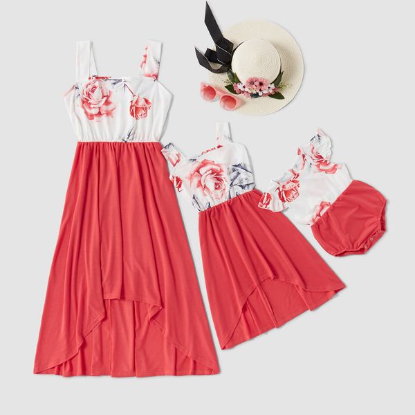 

family matching outfits big flower splicing irregular hem dress summer floral mother baby daughter matching dress parent child dress s466, Blue