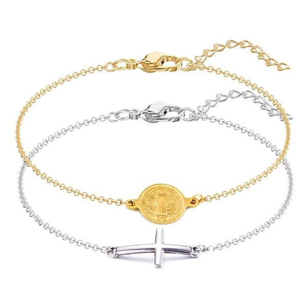 

stainless steel sideway cross coin jesus charm bracelet for women thin link chain bracelet christian religious jewelry, Golden;silver
