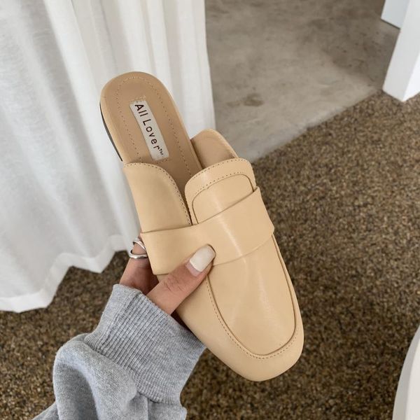 

square toe female shoes slippers casual low mules for women 2020 slides loafers new luxury flat cover soft pu rome basic fabric, Black