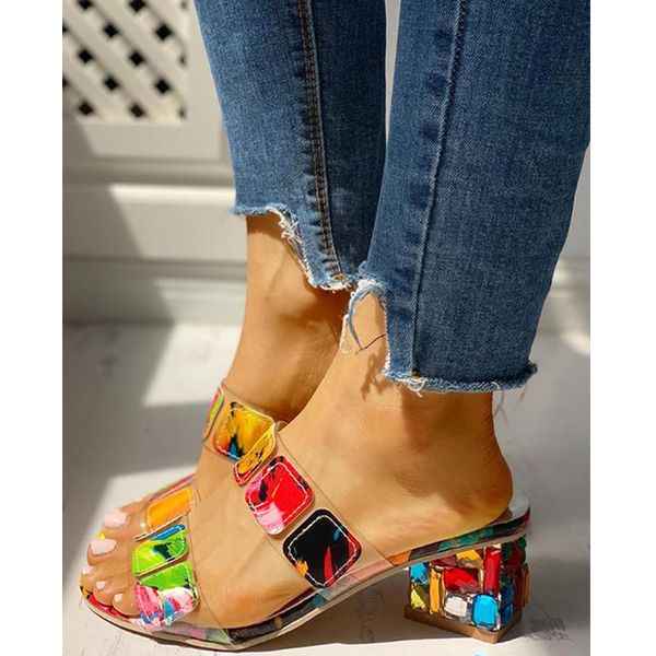 

2020 summer slippers women colorful geo applique chunky heeled sandals jelly outdoor casual beach baroque luxury fashion new d25, Black