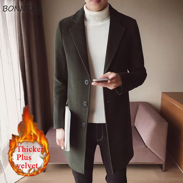 

wool men thicker plus velvet warm long solid simple all-match korean woolen leisure trendy outerwear mens slim coat, Black