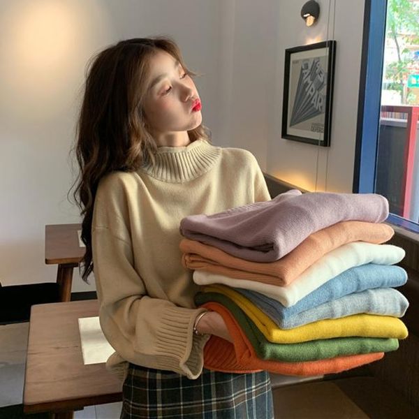 

women 2020 autumn winter half turtleneck sweater female long sleeve knit loose fashion pullover ladies casual sweaters p249, White;black