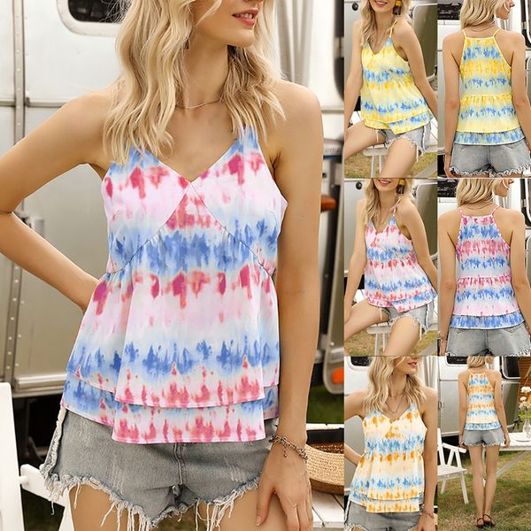 

summer women's v-neck female sleeveless retro tie-dye camisole beach casual ruffled camisole, White