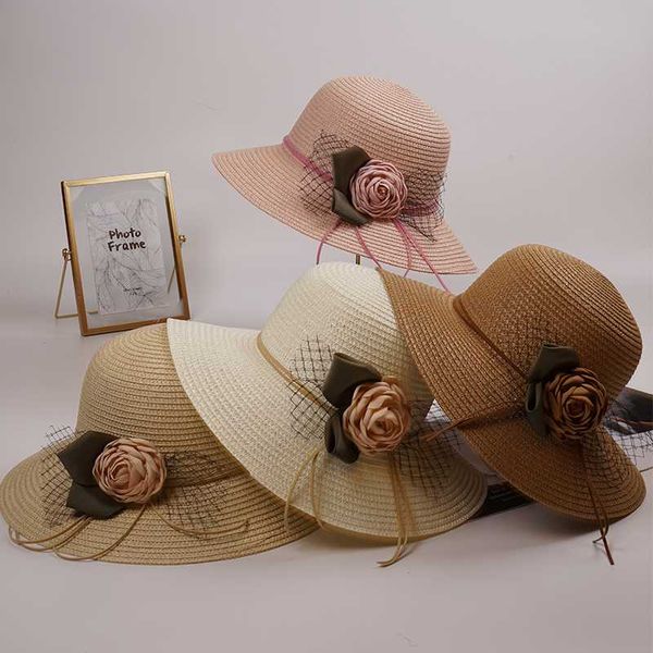 

women female summer sun hat beach hat caps sun protection straw floral decoration fashion sample, Blue;gray