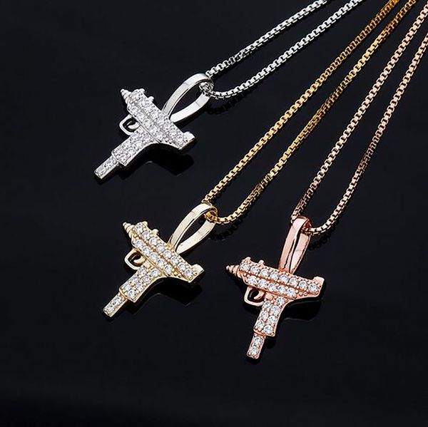 

real solid 925 silver machine gun diamond piece super icy pendant with 3mm 24" box chain for men women cubic zirconia hiphop jewelry