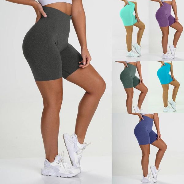 

women's casual yoga fitness shorts elastic high-waist solid color fashion stretch soft sports running seamless shorts for ladies, White;red